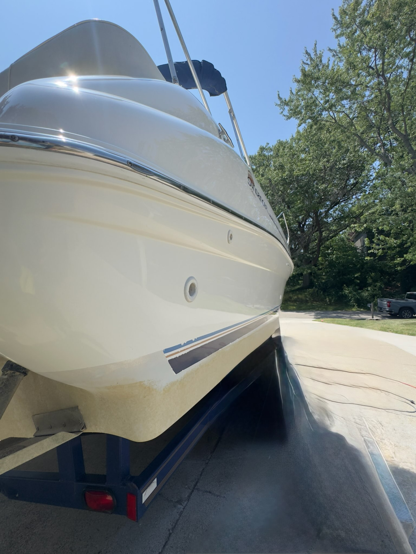 Boat hull after detailing by Sanborn’s Detailing